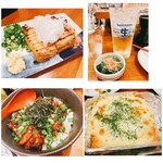 真面目焼鳥 助平 - 厚揚げ焼き、お通しとお酒、焼鳥丼、はんぺんチーズ焼き