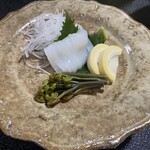 湯迫温泉旅館 - 夕食のイカ。びっくりするくらい甘かった。
