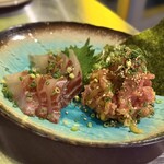 十二 - 【魚】　昆布〆のお刺身　柚子胡椒ポン酢
      　　　おつまみトロたく　清水湾直送の厳選トロを使用　