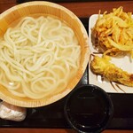 丸亀製麺 - 釜揚げ大  かしわ、かき揚げ  ごま鮭おにぎり