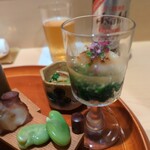 銀座 しのはら - タコ、一寸豆の甘煮、ほうれん草、帆立貝、加減酢の煮凝り