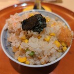 銀座 しのはら - 毛ガニの真薯のコロッケ、枝豆、とうもろこしのご飯