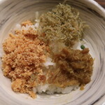 料理屋まえかわ - ご飯（鮭明太、ちりめん、XO醤）