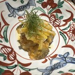 眞善美 - 鮑　ホワイトアスパラ　黄ニラ　炒め物　大豆のソース