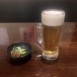 あじめん浦和店 - 一番搾り生ビールとお通しの松前漬け