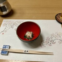 石田 - 先付け　カニとフグの皮だったかな
