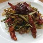 九眼橋 - 鶏砂肝の黒酢醤油、山椒、唐辛子炒め　1300円