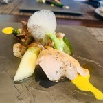 西欧料理 サヴァカ - ④【温前菜-1】 雉2種（ムネの低温調理、モモの焼き霜）、菊川産グリーンアスパラ、2種のソース（バルサミコのエスプーマ、マスタード）