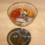 天麩羅 安藤 - 『富山の白海老と北海道のウニといくら、出汁のジュレ、山葵、花穂紫蘇』