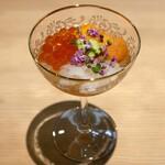 天麩羅 安藤 - 『富山の白海老と北海道のウニといくら、出汁のジュレ、山葵、花穂紫蘇』