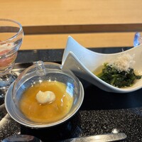 WASHOKU 蒼天  - 前菜、左からサーモン、とうもろこしのムース、ほうれん草