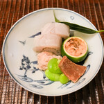 Takeyamachi Mita - Hassun: Sea Bream Roe, Bachi-ko, Ichin Mame, Sushi with Sea Bream and Toasted Sesame, Firefly Squid in Yuzu Bowl