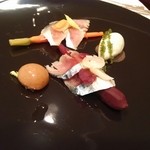 レ セゾン - 2014 8 前菜 鯖の塩マリネと白ワイン風味の野菜 クリーミーなブイヤベースと昆布のソルベを添えて