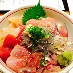 鮮魚・お食事処 山正 - 2014年8月20日、2回目。下味をつけたネタの丼。おいしい！！