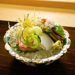 京料理かねき - 2014.8 造り（はも落し、明石鯛、剣先いか、彩り野菜）