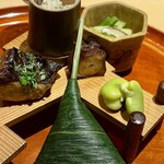 銀座 しのはら - 穴子の蒸し寿司ちまき　一寸豆　タコの柔らか煮　サワラの木の芽焼き