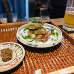 尾張会席 誠名 - 稚鮎の天ぷら、ホタルイカ、アスパラとコシアブラ味噌