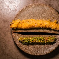 長崎県産対馬穴子のフリット  枝豆のコンディマン添え