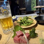 北酒紀　なまらちゃん - 本まぐろブツ　あったか枝豆　ビール