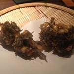 ワインと天ぷら マエヤシキ - 塩もずくとコーンのかき揚げ