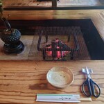 地鶏焼 ふかせ - カット用のハサミ登場