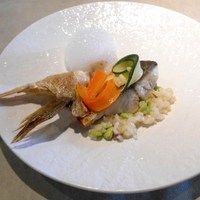 ボン・ヴィラージュ・オゼ - 魚料理　　地物さよりのポアレ　だだ茶豆のリゾットとソースベルジー
                　　　　　　夏野菜のソテーと貝の旨みたっぷりの泡にレモンの香りをまとわせて
                