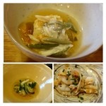 天ぷら たけうち - 小鉢3種。上：お豆腐の上にワタリガニとジュンサイの餡がかけタレ品
            下左：お浸し　下右：帆ホタテのヒモ。どれもお味は普通。