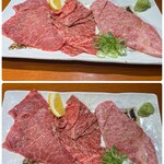 焼肉 隼 - ◯本日の希少部位3種盛り¥4,500(外税)
…1種約70〜80gだそう。
左側は、伝説カルビ、真ん中は、伝説炙り準ロース、
右側は、肩ロースの3種。
どれも美しいサシで美味しそうなお肉ちゃんだこと！