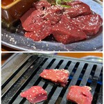 焼肉 隼 - 炙ってから、ごま油塩とネギトッピングでいただきます(*´-`)
甘くて美味しいレバーです♡(*´ω｀*)