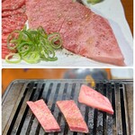 焼肉 隼 - まずは肩ロースを炙って、山葵で♪
