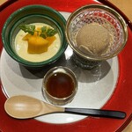 おおたに - 【甘味】黒糖のアイスクリームと抹茶のわらび餅　宮﨑マンゴープリン