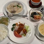 中国料理 四川 - ごはん、青搾菜、ミルク煮、棒棒鶏、サラダ、スープ、