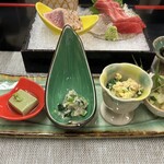 万清楼 - 前菜:鯛の子玉締め・よもぎ豆腐・あさりみぞれ和え・小松菜舞茸白和え・筍木の芽和え