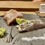我逢人 - 太刀魚(東京湾小柴)と金目鯛(千葉鴨川)のレア焼き