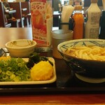 丸亀製麺 - かけうどん(税込)420円 と 玉子天150円 と 無料トッピングのねぎ･天かす･わかめ･針しょうが ※角度を変えて (2025.05.24)