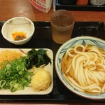 かけうどん(税込)420円 と 玉子天150円 と 無料トッピングのねぎ･天かす･わかめ･針しょうが (2025.05.24)
