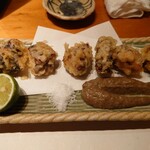 旬肴居酒屋　味人 - 地蛸の天ぷら（ふきのとうのソースが最高）