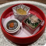 301401154 - 黒豆湯葉に生海胆､河豚の煮凝り､椎茸と菠薐草の御浸し