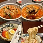 杏樹亭 岸根店 - 「カルビクッパ（税抜￥880）」のひと口のアップ、固まり肉のアップ、「冷麺（税抜￥950）」全体と麺リフトアップ…