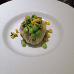 レストラン アラジン - ホタテ貝とセップ茸のキャベツ包み蒸し、枝豆、トウモロコシ添え、柚子風味　2014-8