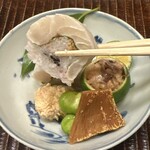 バチコ　一寸豆　たいのこ　鯛と炒りごまのお寿司　ホタルイカの柚子釜