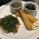 まつ家 - 豚肉の照り焼きのシソのせ、エビフライ、インゲンの胡麻和え、ほうれん草のおひたし