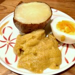 千ふく - 北海道雲丹 ・熟成じゃがいも時の恵、北海道おこっぺ発酵バター ・名古屋コーチン(ゆで卵)