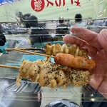 焼鳥とりしげ - かわ串、ヤゲンなんこつ串、ポークソーセージ串、
