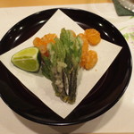 新ばし 星野 - 半生のバチコと小柱とこしあぶらの揚げ物。