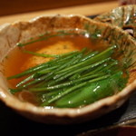 虎白 - 煮物 すっぽん飛龍頭(がんもどき) 水蓮菜 葱 スナップエンドウ 2014.8.2x