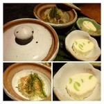 大どころ - チーズの中には茶豆が入っています。
      蓋物の中は「そうめん瓜・海ぶどうなどに「青梅の酢味噌」がかけらています。