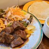 비스트로 스파로우 - 牛リブロースランチ(税込1,150円)
                ①牛リブロース・ステーキ、付け合わせ《トマトスパゲッティ&フライドポテト、野菜サラダ(赤縮緬萵苣&萵苣&玉葱&人参)》②白ご飯③ポタージュスープ