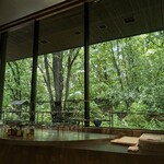 サントリー白州蒸溜所 - 目の前には、白州の森の木々が広がり絶景です。カウンター席を陣取りました。