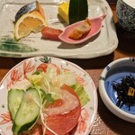 奥阿蘇の宿 やまなみ - サラダ、マスの塩焼、明太子、出汁巻き卵、ひじき